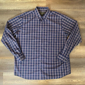 Eddie Bauer Button Up Shirt Men Extra Large TALL Blue Vintage Plaid Preppy FLAW